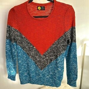 Life is Good Women’s Sweater,Color Block,Orange/Blue/Black,Size XS